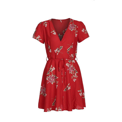 flowersverse Women Dress Short Sleeve Floral Printed Chiffon Lace Up Deep V-neck Casual Beach Dress Summer Fashion Dress For Women