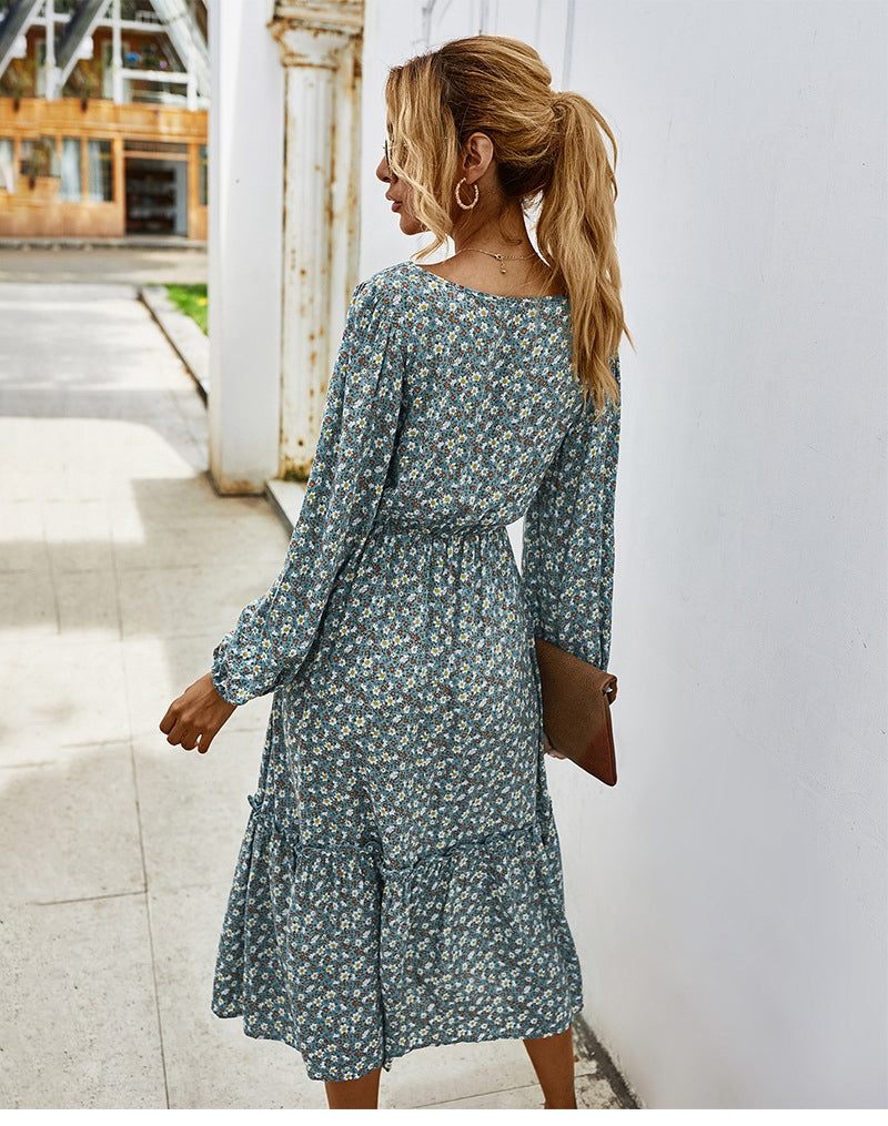 flowersverse Retro Ladies Square Collar Floral Long Dress Autumn Winter Women High Waist Full Sleeve Elegant Chic Dress