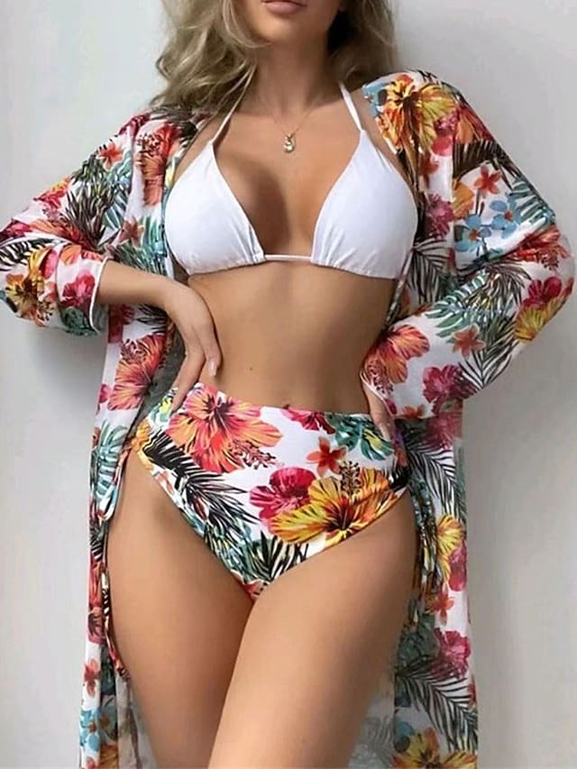 flowersverse Women's Swimwear Bikini Three Piece Normal Swimsuit High Waist Open Back Printing Flower Black Yellow White Halter V Wire Bathing Suits Sexy Vacation Fashion