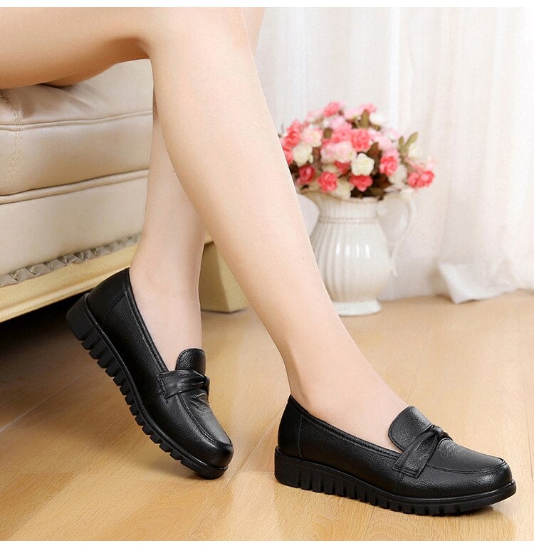 flowersverse Autumn Women's Shoes Fashion Casual Women Genuine Leather Flat Shoes Ladies Slip On Comfortable Black Work shoes Flats