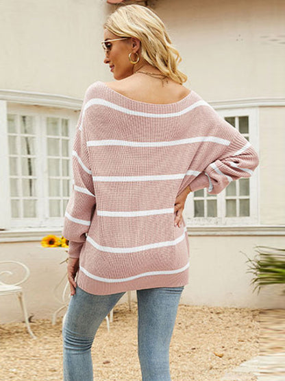 flowersverse Long Sleeves Striped Off-The-Shoulder Sweater Tops