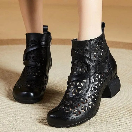 flowersverse Hollow Out Boots Women Retro Style Side Zip Mid Heels Shoes