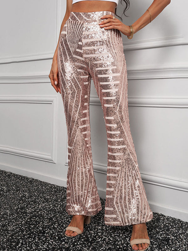 flowersverse Flared Pants High Waisted Contrast Color Striped Sequined Pants