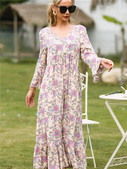 flowersverse Summer Women Casual Loose Large Chiffon Long Sleeve V Neck Floral Printed Mediumn Long Dress For Fashion