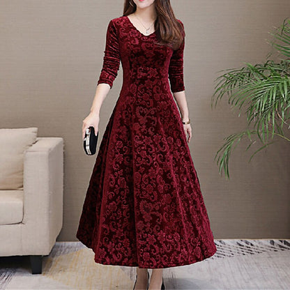 flowersverse Women's A Line Dress Knee Length Dress Green Black Red Long Sleeve Floral Jacquard Fall Spring V Neck Elegant Vintage Party Slim  M L XL XXL 3XL