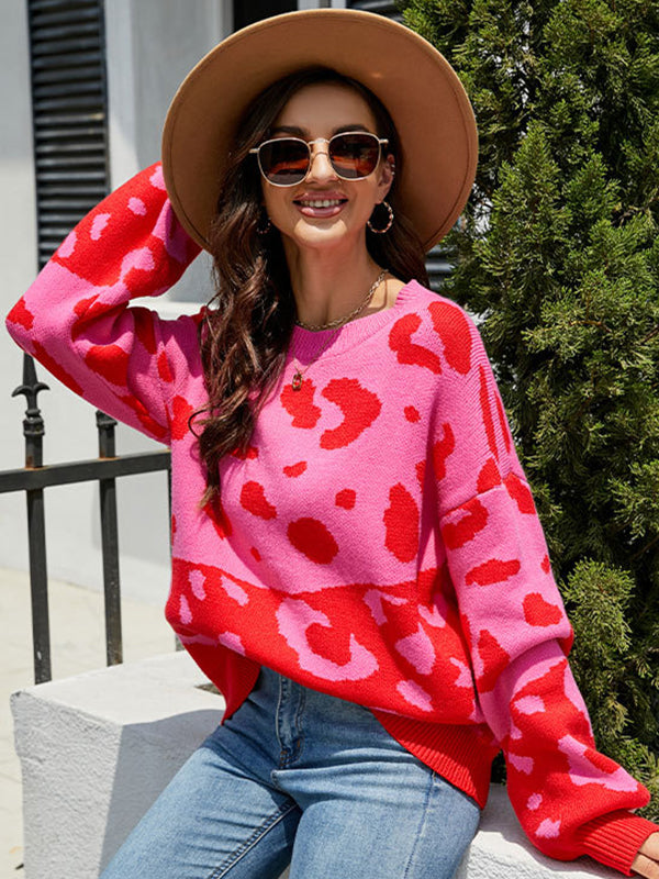 flowersverse Urban Puff Sleeves Leopard Two-Tone Round-Neck Sweater Tops