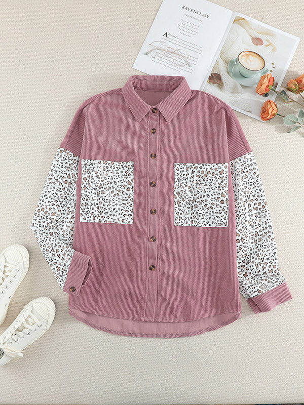 flowersverse Casual Loose Leopard Patchwork Polo Coat