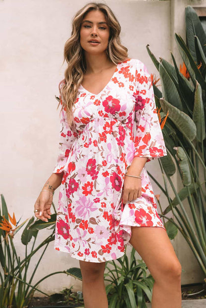 flowersverse Orange V Neck 3/4 Sleeve Floral Dress