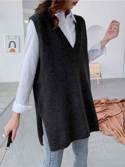 flowersverse Trendy Sleeveless Split-Side Solid Color V-Neck Knitted Vest