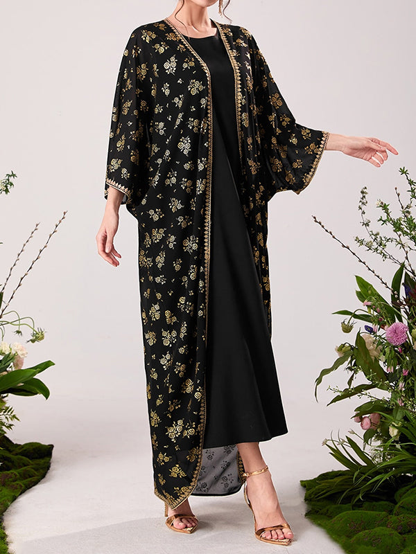 flowersverse Muslim High Waisted Round-Neck Inner Dress + Gauze Batwing Sleeves Flower Print Outerwear Two Pieces Set