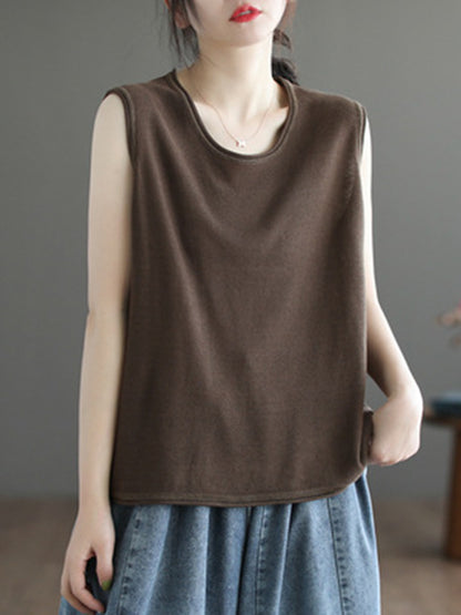 flowersverse Solid Color Loose Sleeveless Round-neck Knitting Vest Top