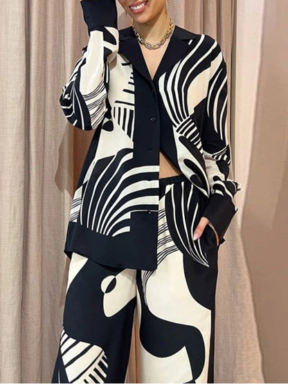 flowersverse Long Sleeves Loose Contrast Color Pockets Printed Blouses&Pants Suits