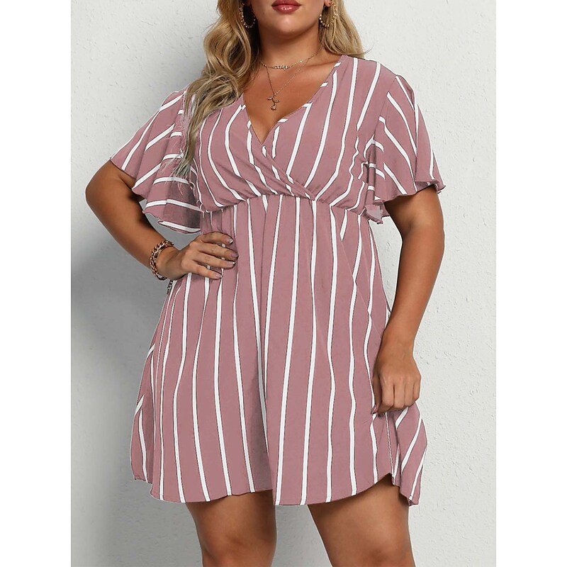 flowersverse Women's Plus Size Casual Dress A Line Dress Stripe Mini Dress Short Sleeve Print V Neck Fashion Outdoor ArmyGreen Black Spring Summer L XL XXL 3XL 4XL