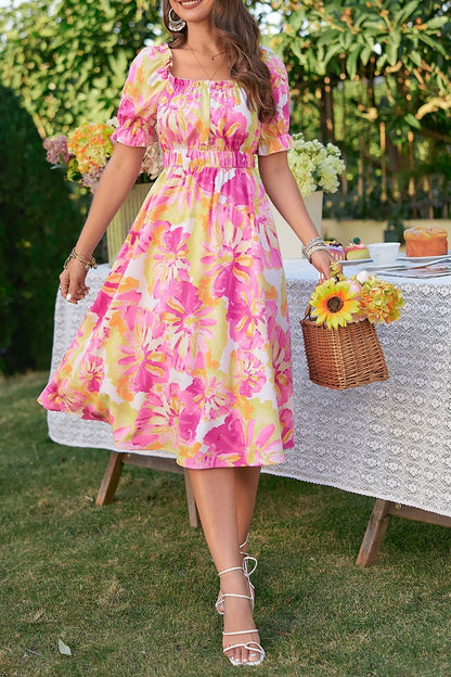 flowersverse Vibrant Floral Frill Trim Square Neck Midi Dress