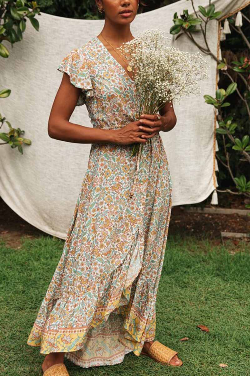 flowersverse V-neck Lace Irregular Floral Maxi Dress