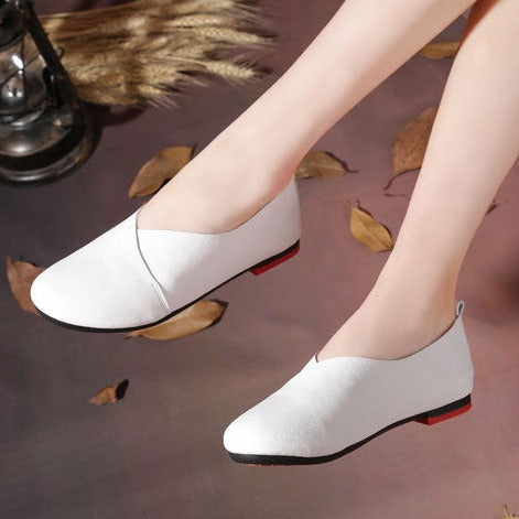 flowersverse Women Handmade Vintage Leather Flats Shoes Shallow Mouth Plus Size