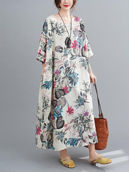 flowersverse Vintage Floral Round-Neck Dress