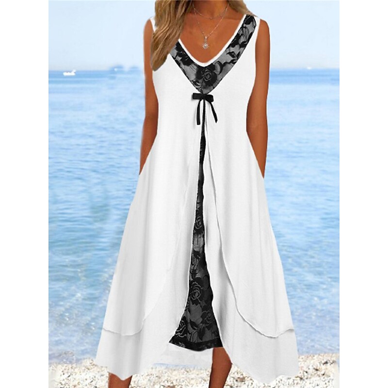 flowersverse Women's Casual Dress Tank Dress Summer Dress Floral Layered Fake two piece V Neck Midi Dress Active Fashion Outdoor Daily Sleeveless Regular Fit White Spring Summer S M L XL XXL