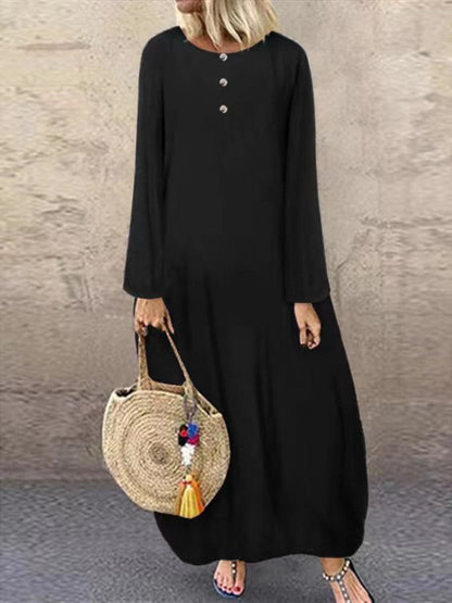 flowersverse Solid Colour Button Down Cotton Linen Long Sleeve Casual Dress