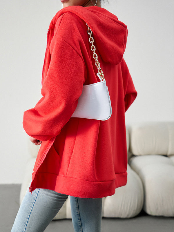 flowersverse Drawstring Zipper Long Sleeves Loose Hooded Outerwear Jackets