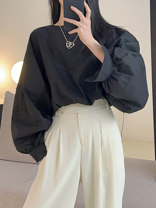 flowersverse Elasticity Solid Color Batwing Sleeves Loose Round-Neck Blouses&Shirts Tops