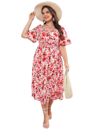 flowersverse Summer Plus Size Women's Square Neck Short Sleeve Casual Trendy Floral Dress