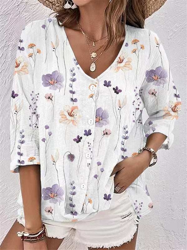 flowersverse Buttoned Flower Print Long Sleeves Loose V-neck Blouses&shirts Tops