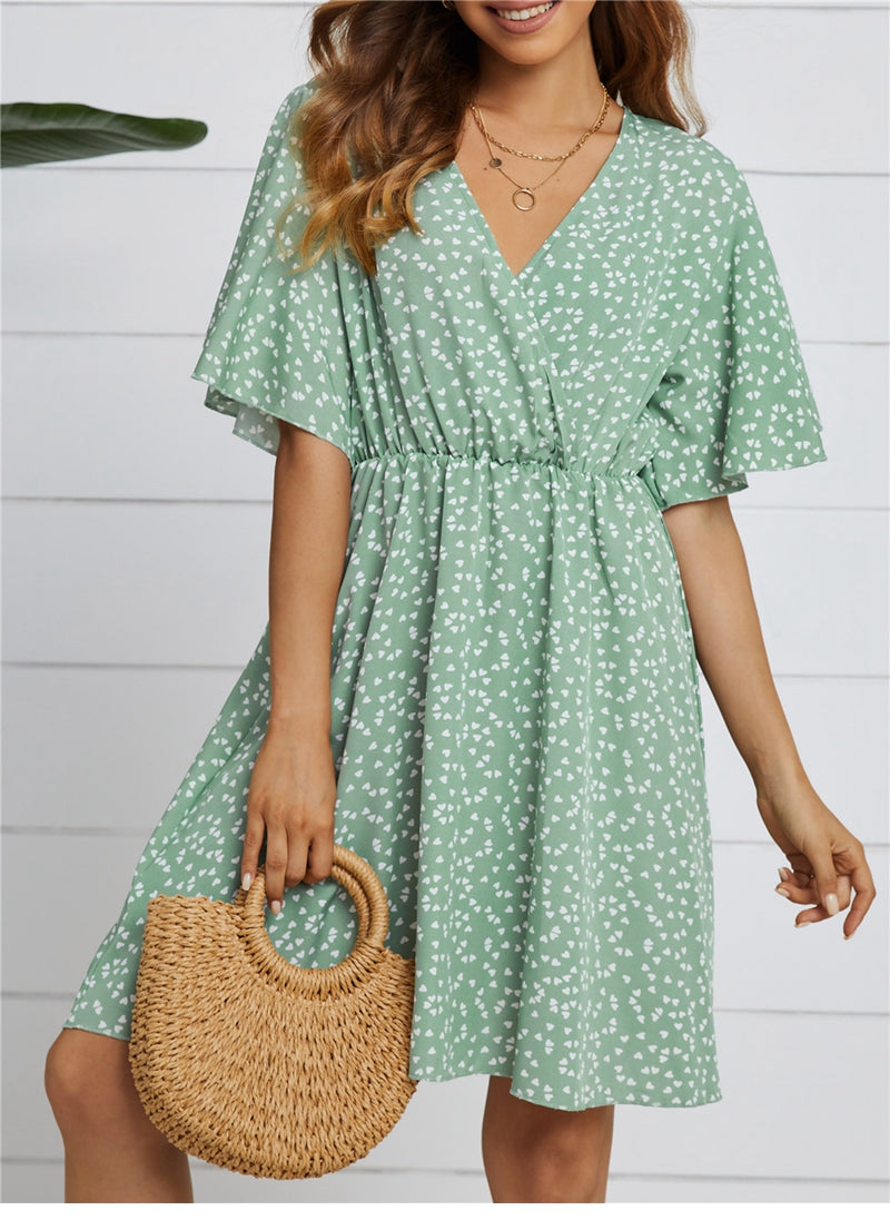 flowersverse Spring Summer Chiffon Dress Women V-Neck Love Dot Print Short Dresses Sweet Ruffle Sleeve Slim Ladies Drawstring Dress