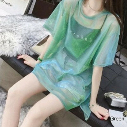 flowersverse 2PCS Women Transparent Mesh T-Shirt Short Sleeve Tee Tops Cover up + Camisole Vest Top Casual Crew Neck Stretchy T Shirt