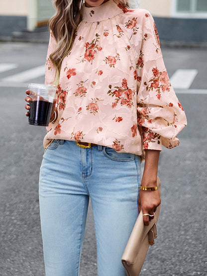 flowersverse Flower Print Tied Long Sleeves Loose Mock Neck Blouses&Shirts Tops