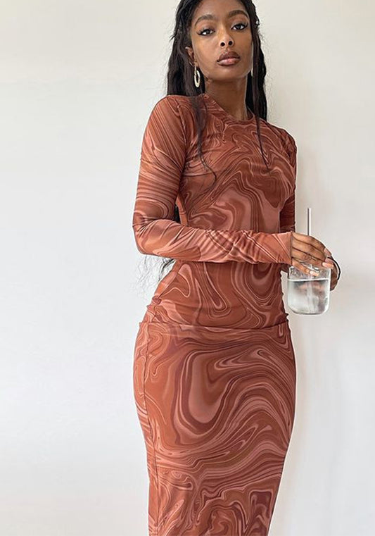 flowersverse Women Round Neck Long Sleeve Printed Bodycon Maxi Dress