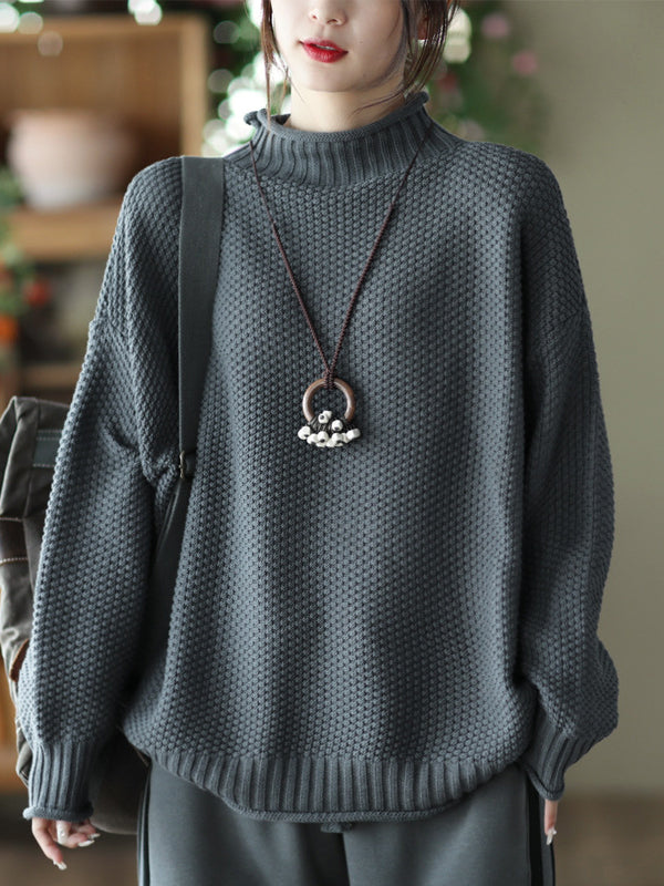 flowersverse Vintage Long Sleeves Loose Solid Color High-Neck Sweater Tops