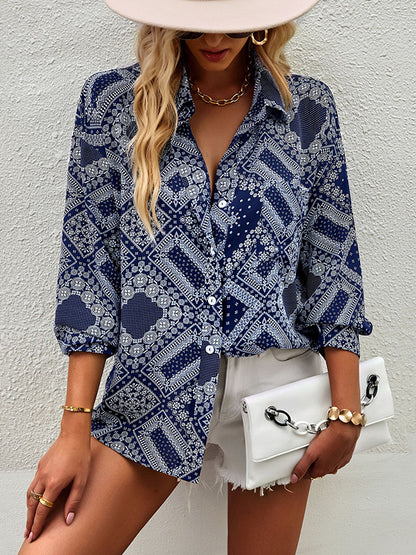 flowersverse Casual Loose Printed Lapel Collar Shirt Top