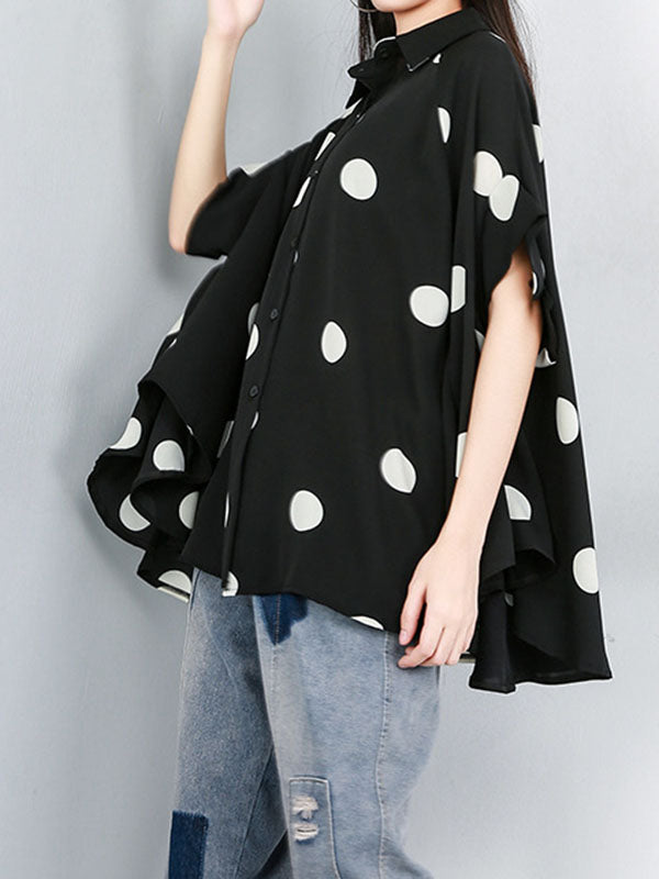 flowersverse Polka-Dot Batwing Sleeves High-Low Lapel Blouses&Shirts Tops