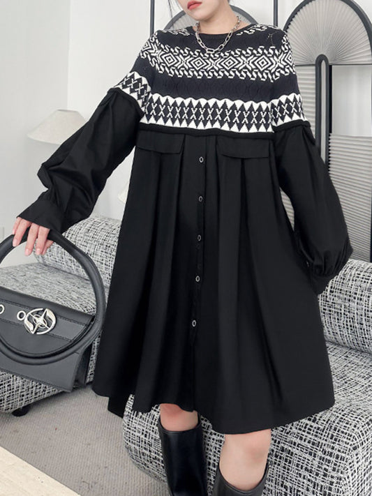 flowersverse Buttoned Contrast Color Split-Joint A-Line Long Sleeves Round-Neck Mini Dresses