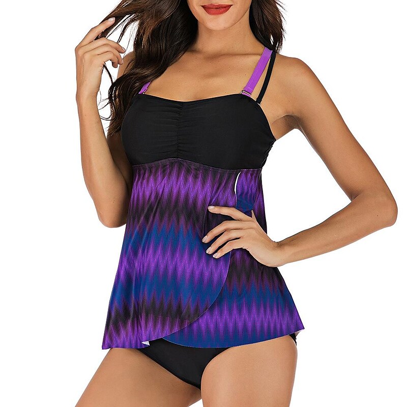 flowersverse Women's Swimwear Tankini 2 Piece Normal Swimsuit 2 Piece Printing Lines / Waves Purple Tank Top Bathing Suits Sports Summer