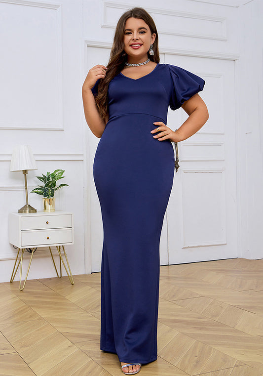 flowersverse Spring Summer Plus Size Ladies Formal Party Evening Dress V-Neck Low Back Sexy Puff Sleeve Dress