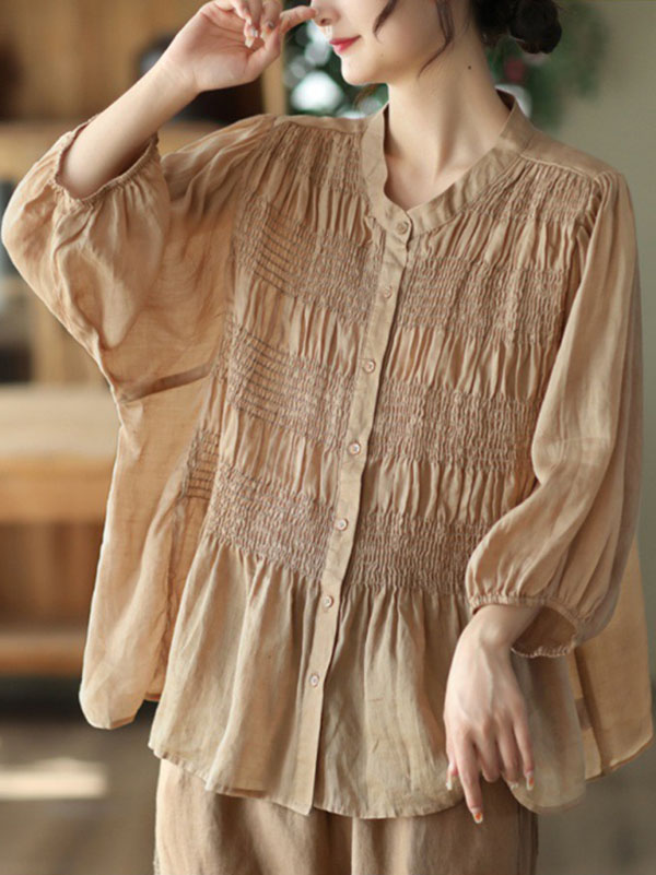 flowersverse Pleated Solid Color Split-Joint Loose Three-Quarter Sleeves Stand Collar Blouses&Shirts Tops