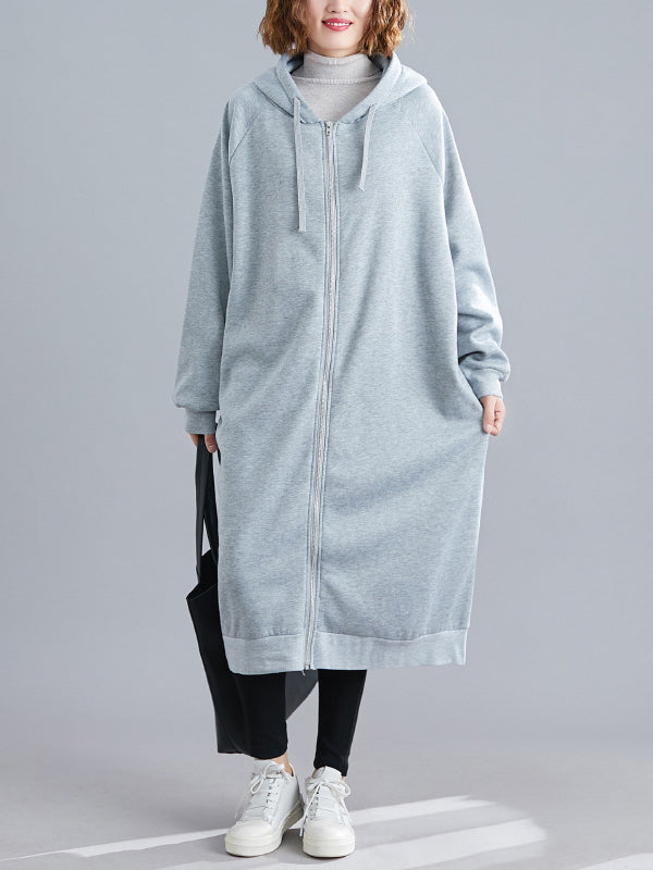 flowersverse Casual Loose Long Sleeves Solid Color Hooded Outerwear