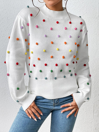 flowersverse Pompom Triming Long Sleeves Loose Round-Neck Sweater Tops Pullovers Knitwear