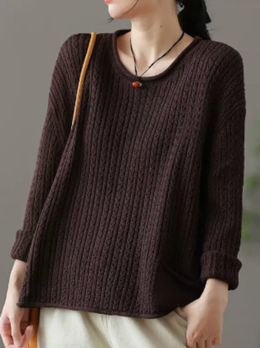 flowersverse Artistic Retro Loose Long Sleeves Jacquard Solid Color Round-Neck Sweater Tops