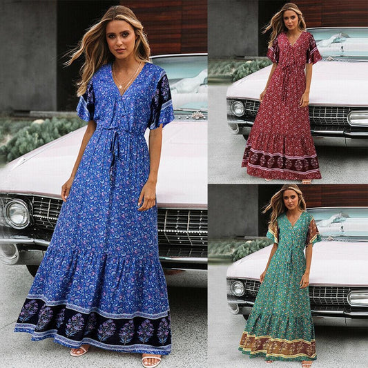 flowersverse Women Boho Floral Long Maxi Dress Fashion Ladies Short Sleeve V Neck Beach Dresses Casual Summer Sundress