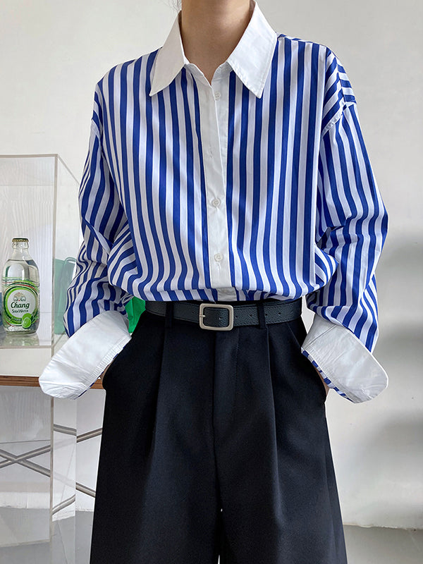 flowersverse Simple Long Sleeves Contrast Color Striped Lapel Blouse Top