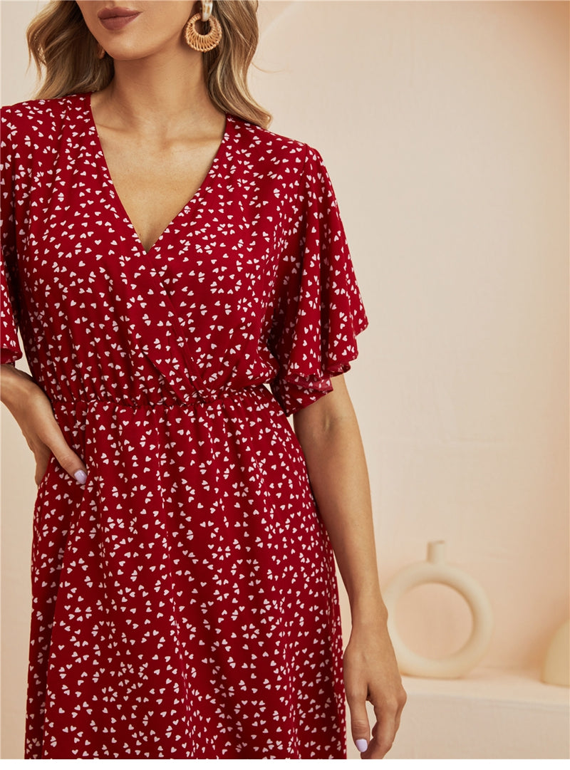 flowersverse Spring Summer Chiffon Dress Women V-Neck Love Dot Print Short Dresses Sweet Ruffle Sleeve Slim Ladies Drawstring Dress