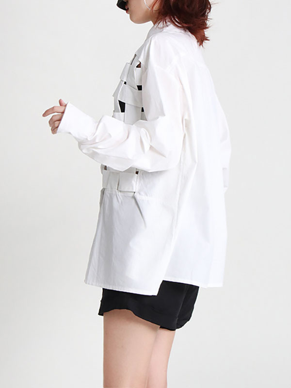 flowersverse Original Loose Puff Sleeves Buttoned Hollow Solid Color Lapel Collar Blouses&Shirts Tops