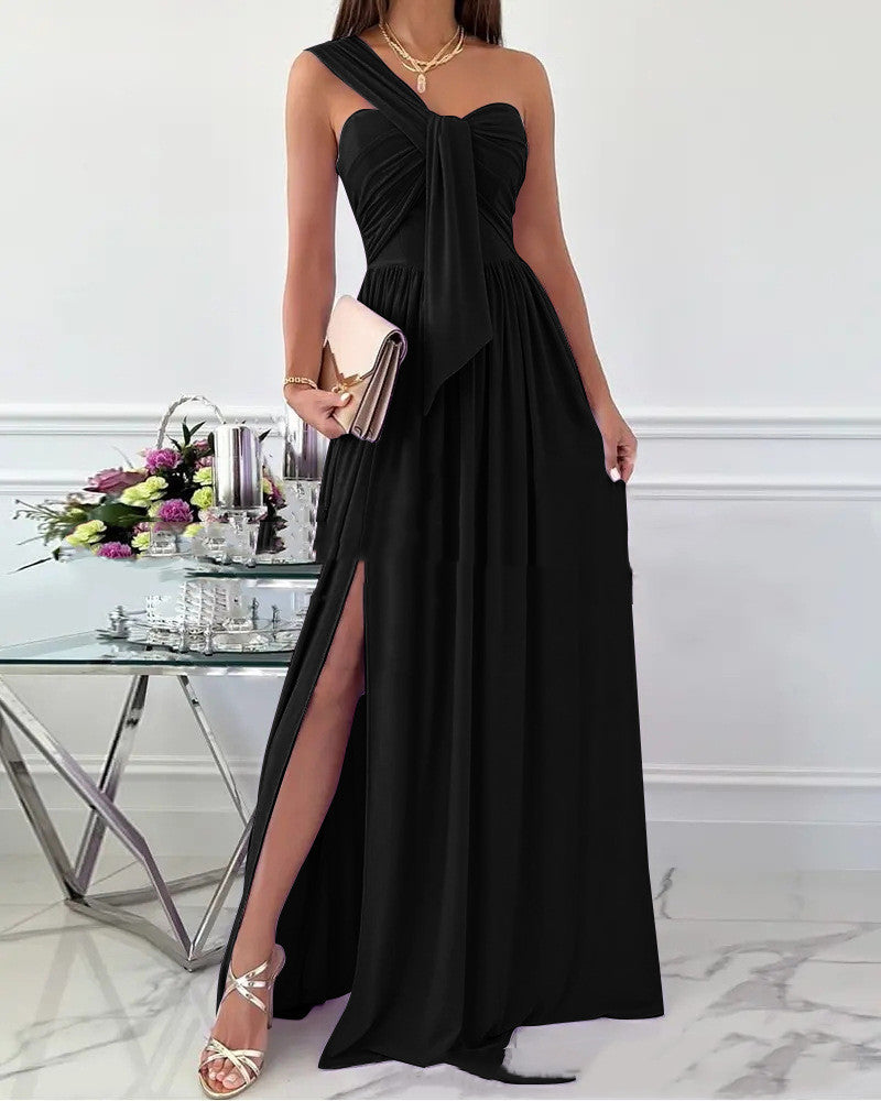 flowersverse Solid Color Sleeveless Pleated Chiffon Long Dress Slim Fit