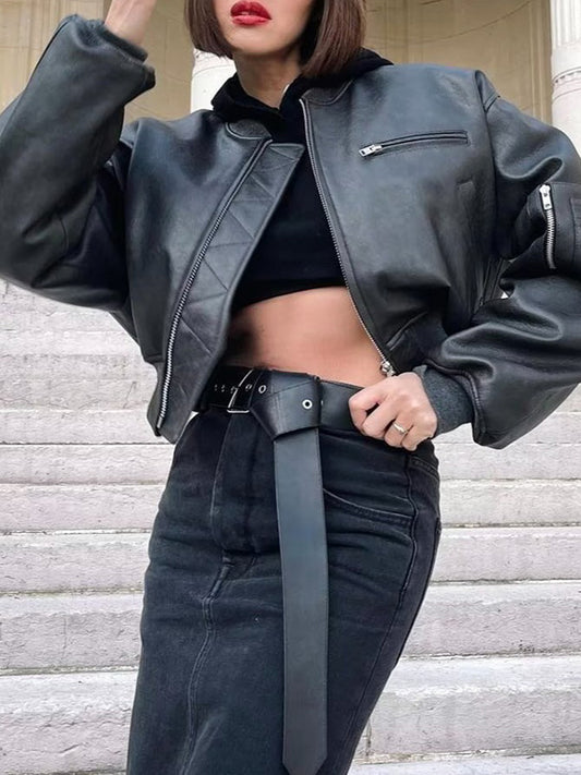 flowersverse Quilted Solid Color Zipper Stand Collar PU Outerwear Jackets