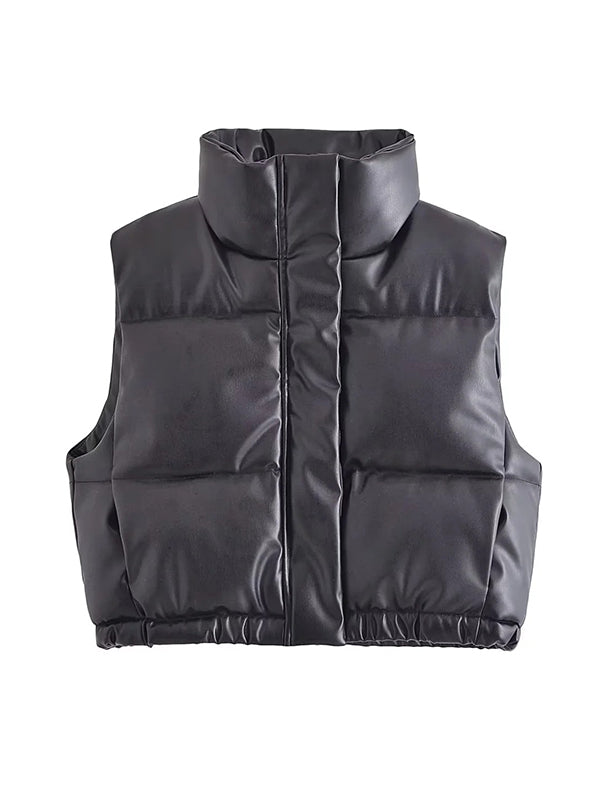 flowersverse Drawstring Elasticity Solid Color Split-Joint Zipper Skinny Sleeveless Stand Collar Padded Vest