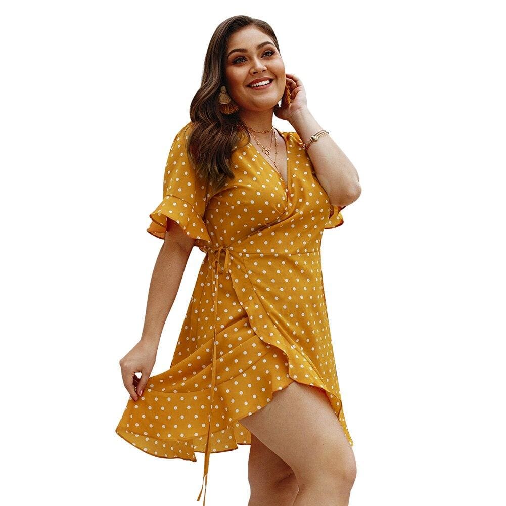 flowersverse Plus Size Women Summer High Waist Polka Dot Boho Beach Dress New Fashion Ladies Beach Dress Casual Short Sleeve V-Neck Sundress