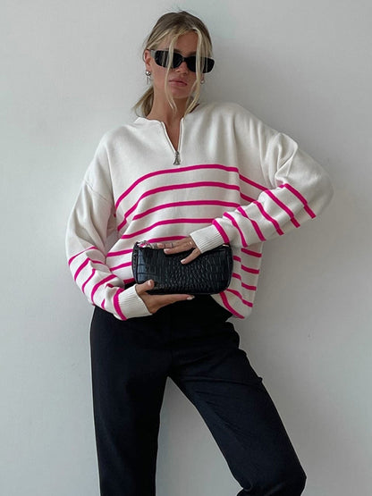 flowersverse Urban Long Sleeves Loose Striped Round-Neck Sweater Tops